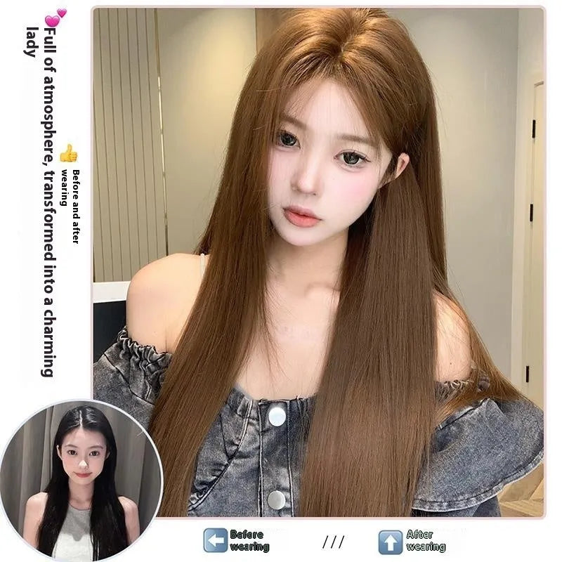 Warm brown long straight wig with centre-parted bangs and forehead lace, natural style
