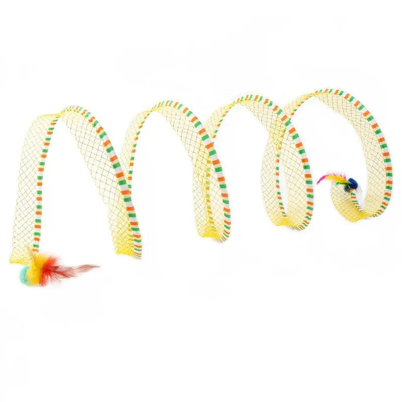 Blue and yellow cat toy set with fabric tunnel and long pole teasing stick with feather attachment