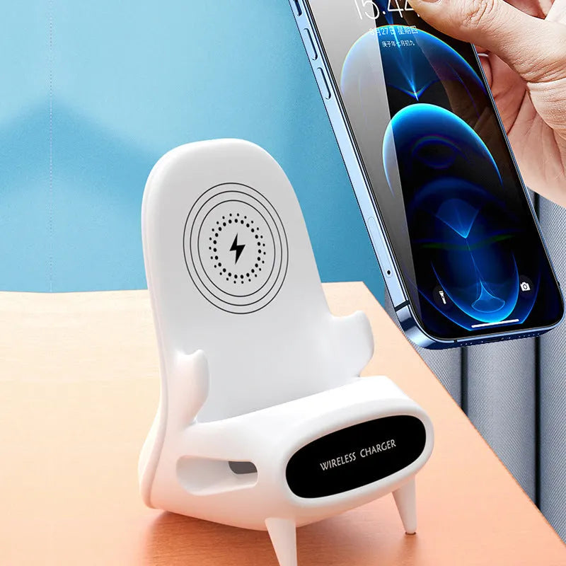 White ABS wireless charger stand with Type-C input, measuring 96.3x88.2x139.3 mm, 154.2g