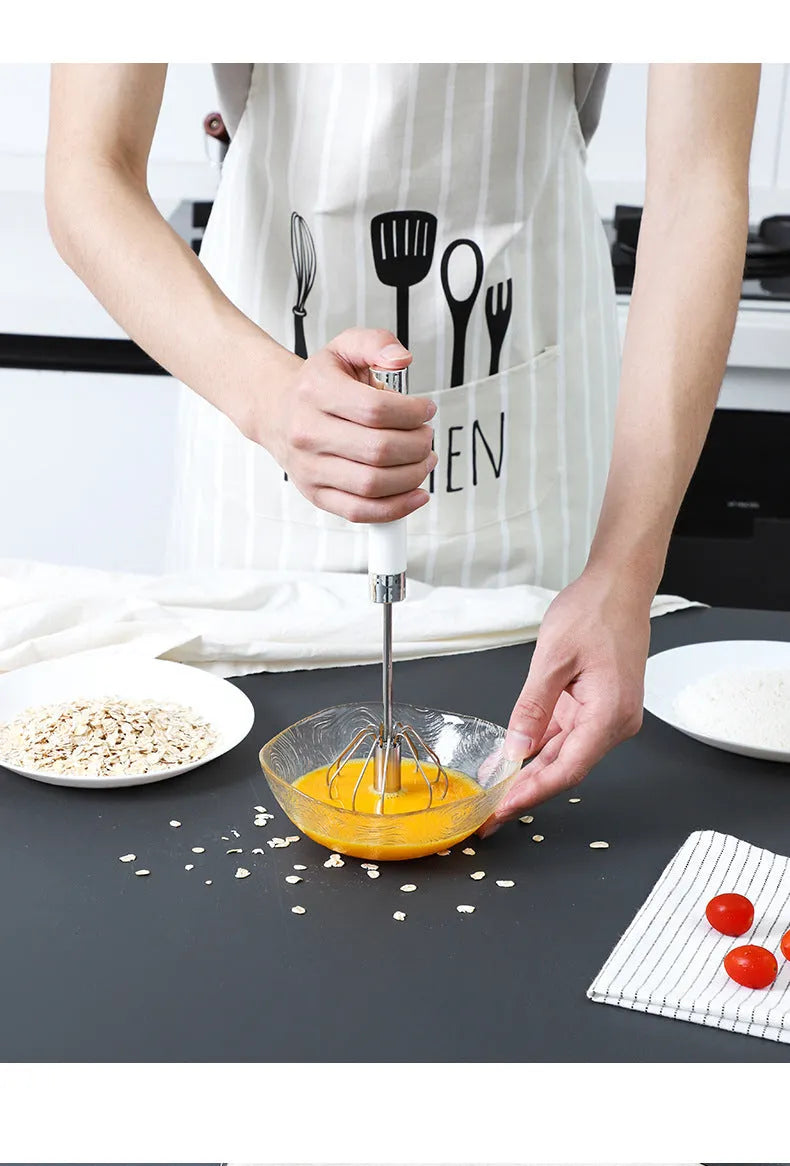 Semi-automatic stainless steel egg beater whisk with hand pressure rotating handle, 10 steel wires, silvery and white colours