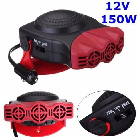 Portable car windshield defroster fan in black and red ABS housing on dashboard with power cable