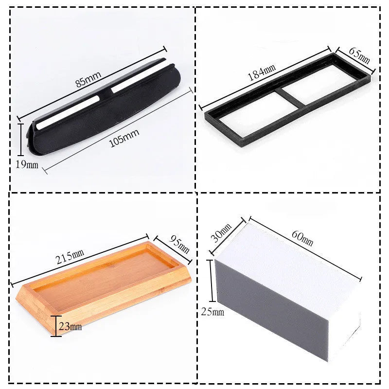 Double-sided white corundum kitchen whetstone 3000/8000 grit with bamboo base and knife holder locator on white background