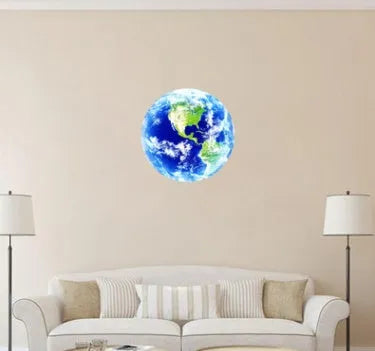 Glow in the dark 3D Earth planet wall sticker in multiple sizes on a wall.