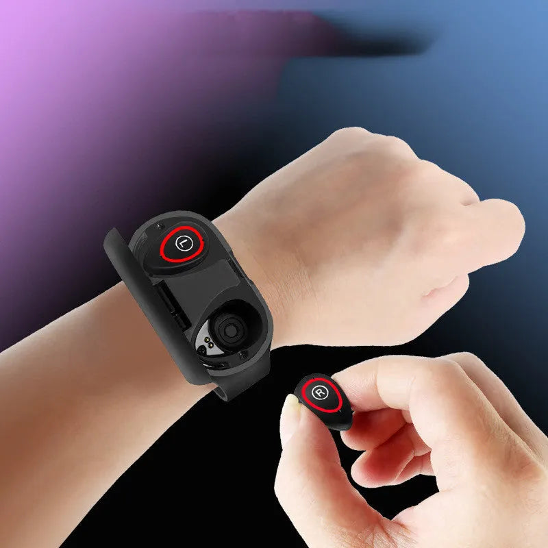 Smart bracelet earphone combo with 1 inch screen and silicone band in black blue and red colors