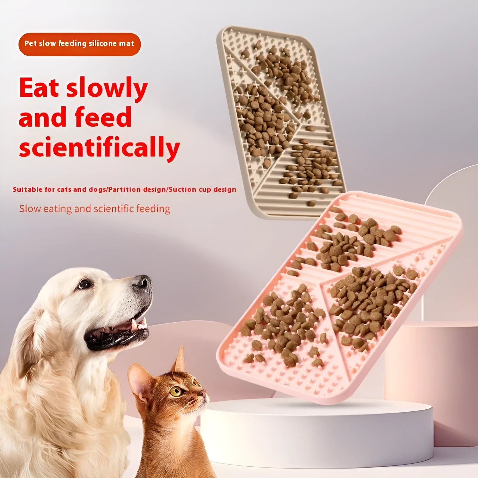 Silicone pet licking mat in gray with suction cup base on a smooth floor