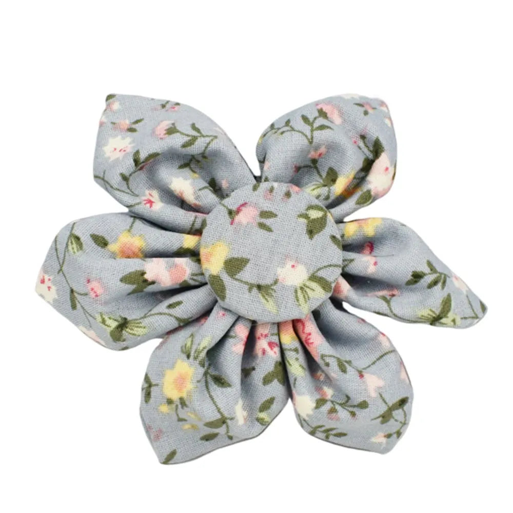 Blue floral polyester cotton dog collar and matching accessory set including leash, vest, bow tie, and waste bag