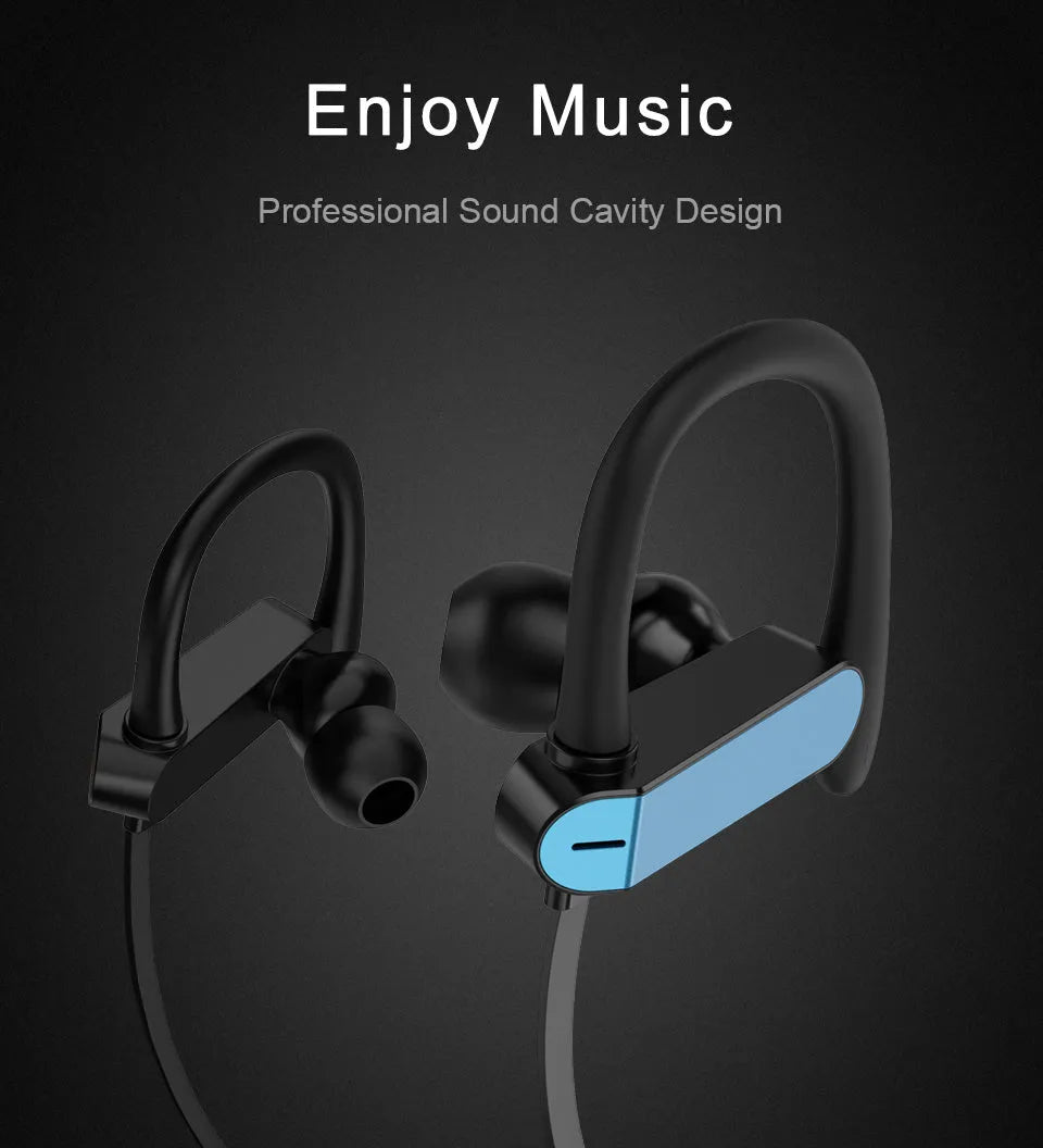 Sport earphones with black and blue flexible ear hooks and silicone earbuds, shown on a grey background