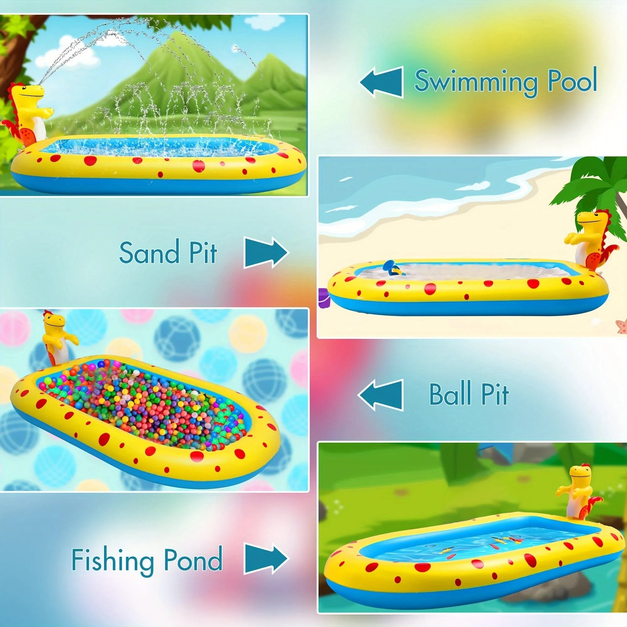Blue inflatable dinosaur-shaped children's paddling pool with water spray play mat in a garden.