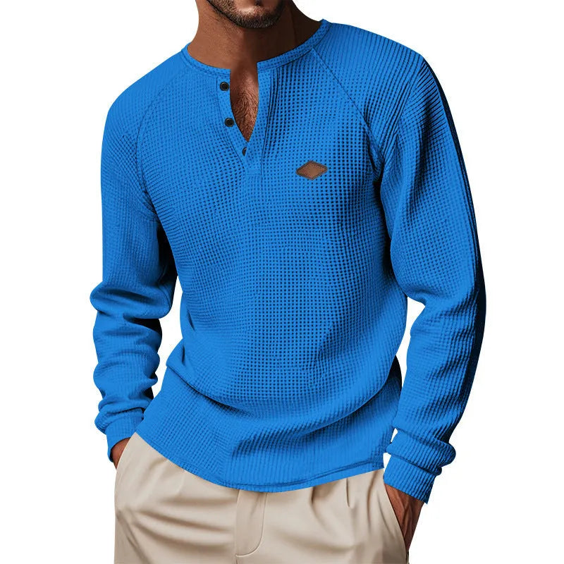 Men's waffle buckle quick-drying raglan long sleeve pullover in sapphire blue, loose fit, polyester fibre