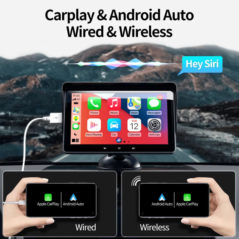 7-inch wireless CarPlay display with universal suction cup mount and cigarette lighter power adapter