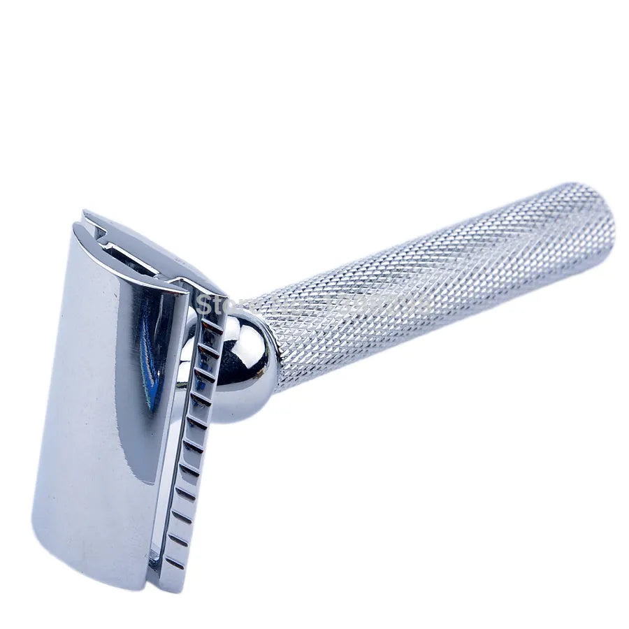 CSB men's shaving set with chrome safety razor, badger brush on stand, soap bowl, and blades in black box
