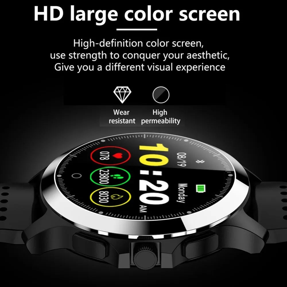 W8 ECG smart bracelet with 304 stainless steel body and black TPU strap showing heart rate reading on display