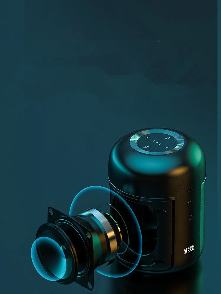Black portable Bluetooth speaker measuring 72mm by 99mm with 30W output power and 1500mAh battery