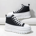 Women black lace-up high top flatform canvas shoes with height increasing insole and T-strap detail