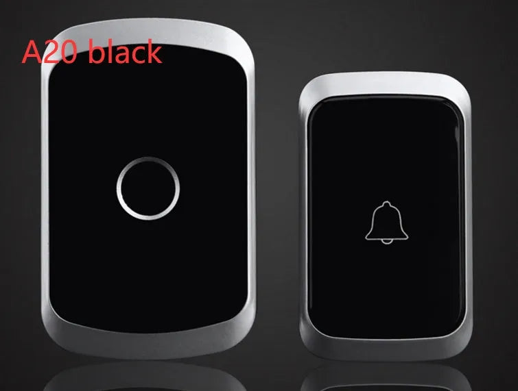 Wireless doorbell system with plug-in receiver and battery transmitter showing 300m range and 36 melody options