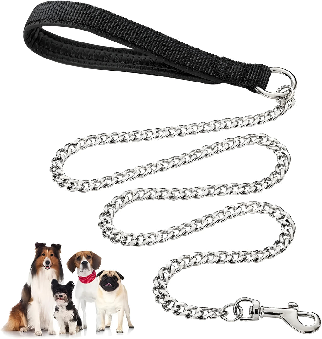 Heavy duty metal dog chain leash with soft padded handle, shown in black colour