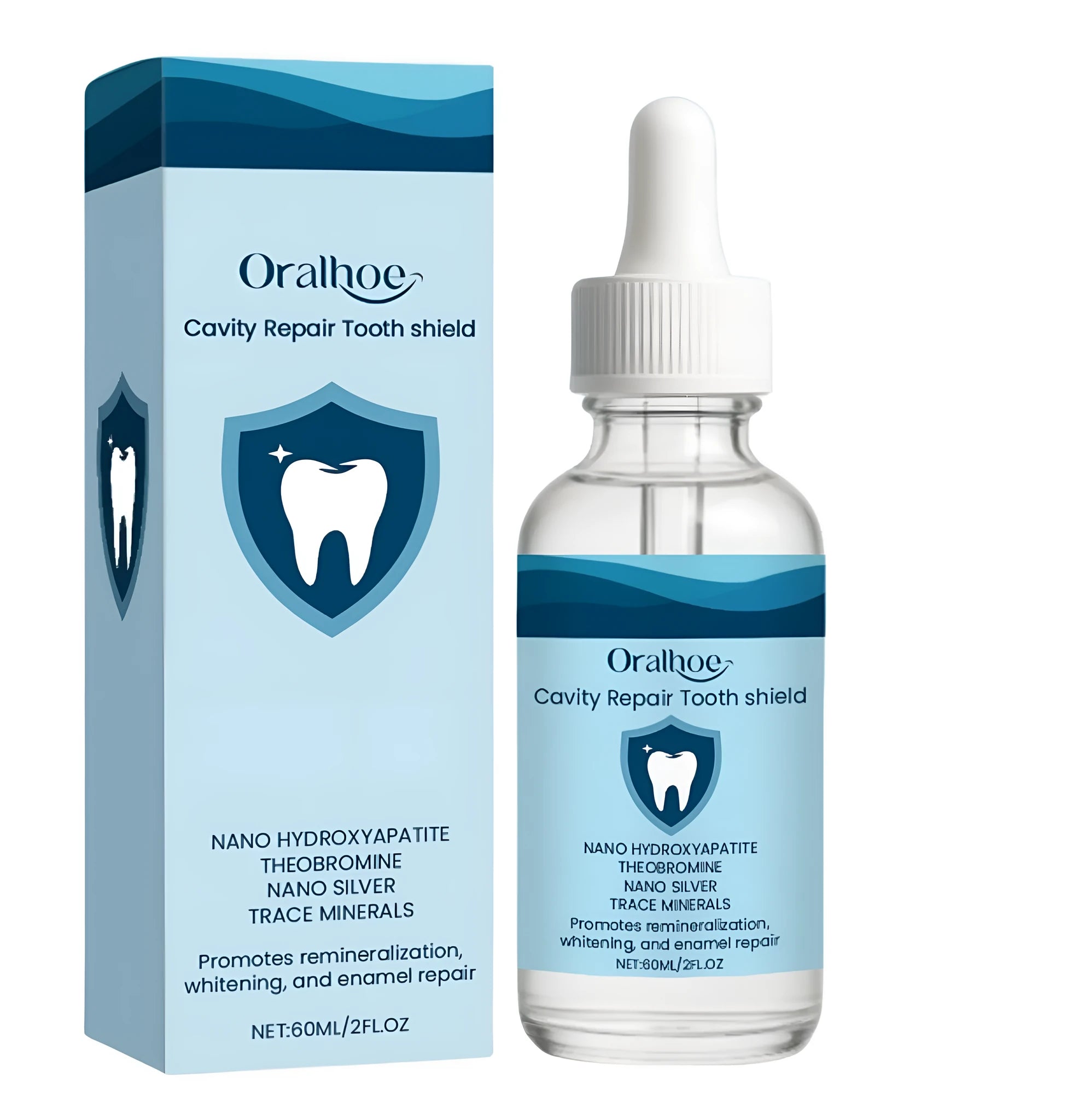 60ml bottle of dental restorative fluid with hydroxyapatite and theobromine ingredients