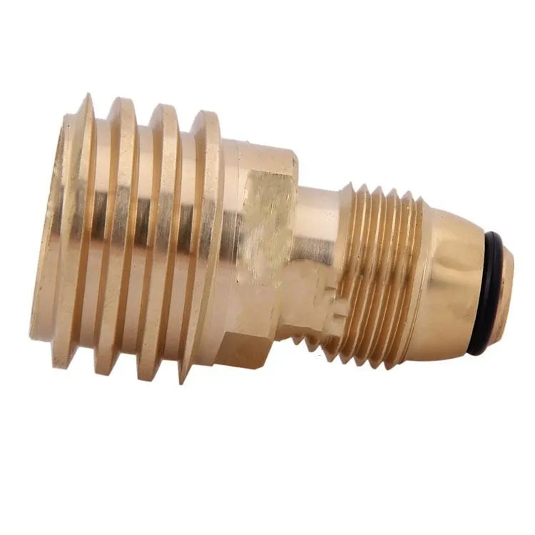 Brass gas brazier adapter with gold finish and external thread taper for 7mm diameter gas connections