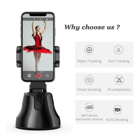 Black smartphone automatic shooting selfie stick with 360° face tracking on three-foot bracket showing phone holder and rotation mechanism