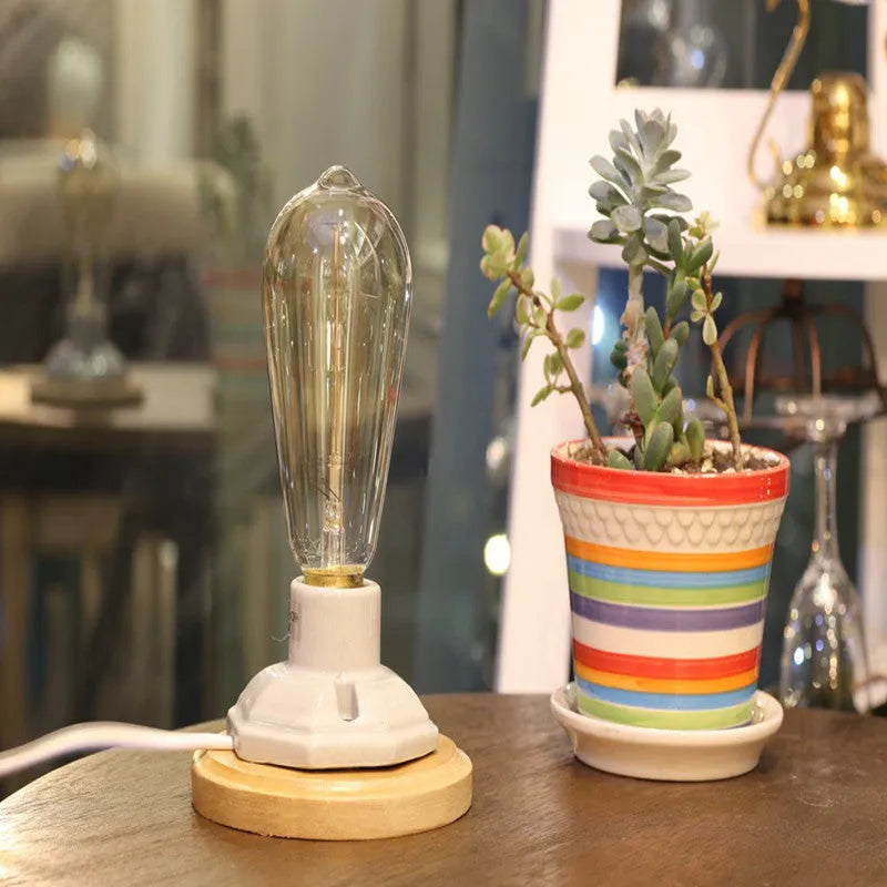 Retro ceramic table lamp with wooden body and glass shade, push button switch, for living room or bedroom