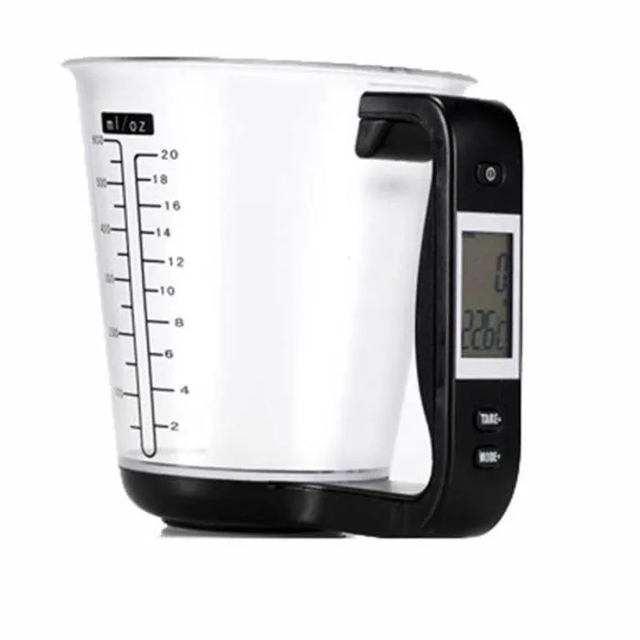 Green digital measuring cup scale with LCD display in handle on white background
