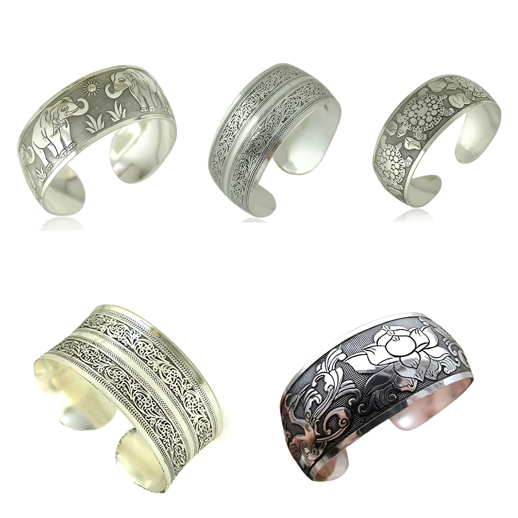 Carved open Miao silver alloy bracelet in Elephant and Turtle colour options with Roman shape