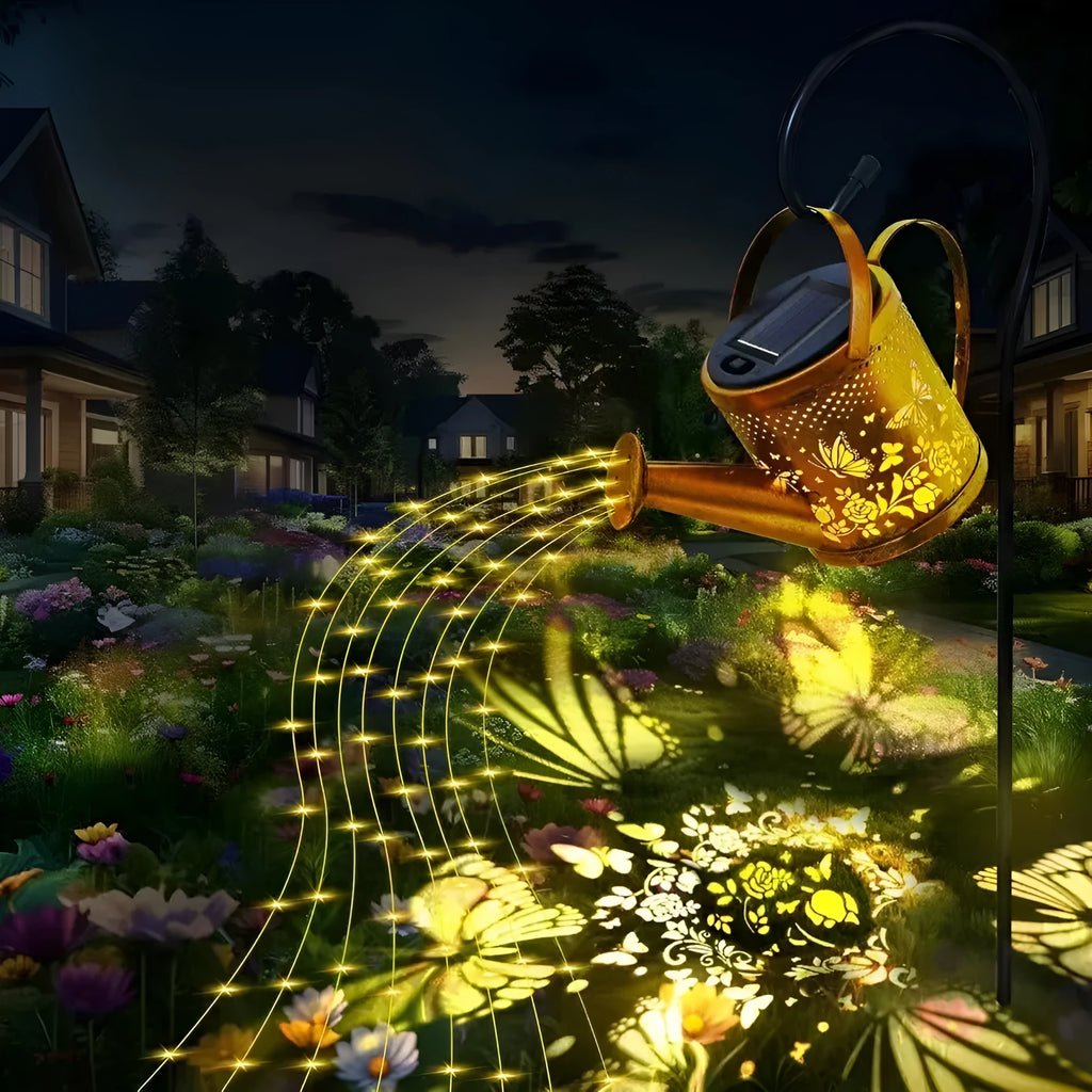 Solar kettle light in wrought iron butterfly kettle colour for outdoor courtyard decorative lighting