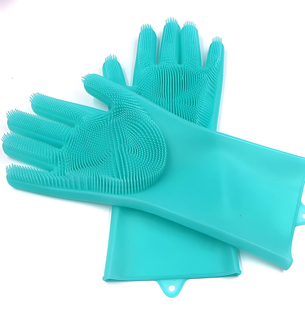Silicone heat-resistant cleaning brush scrubbing gloves in blue, 357x165mm, on a kitchen counter