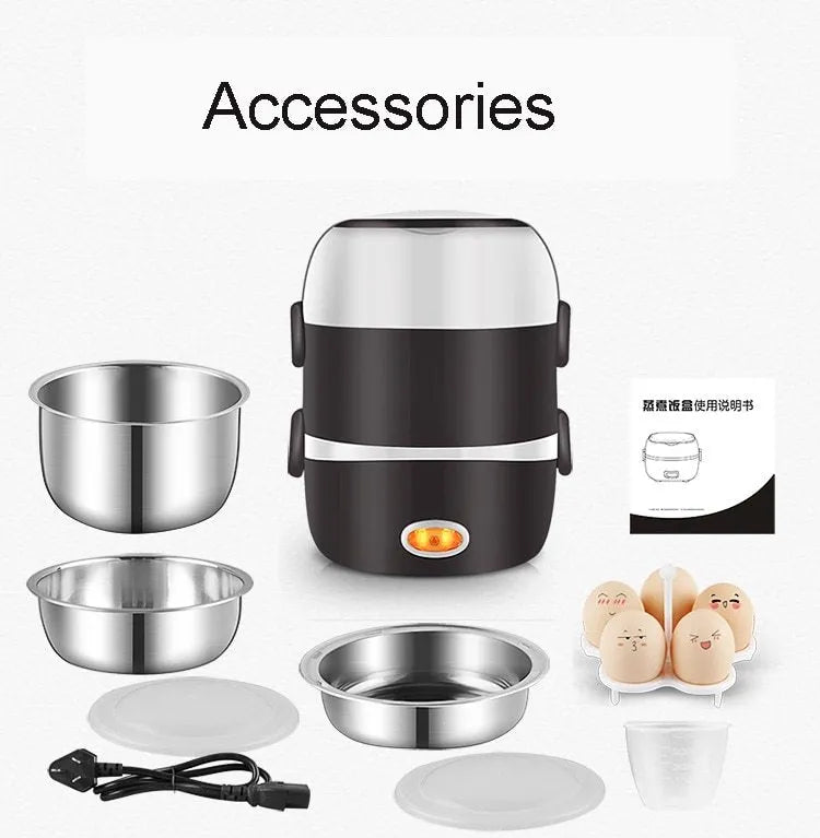 Black electric heating lunch box with USB power connector and stacking container design
