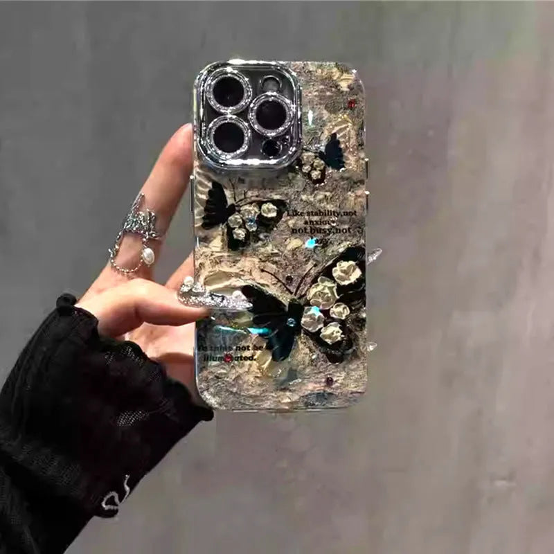 Retro brown butterfly acrylic phone case with lens bracket for Apple iPhone