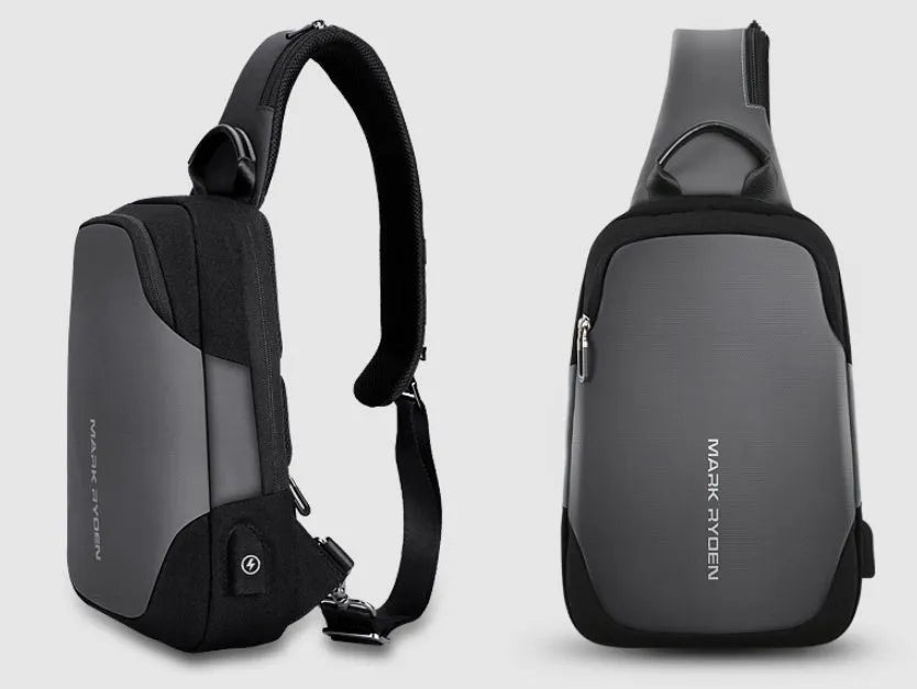 Men's anti-theft USB chest bag in black, made from Oxford cloth with zip closure and square vertical shape