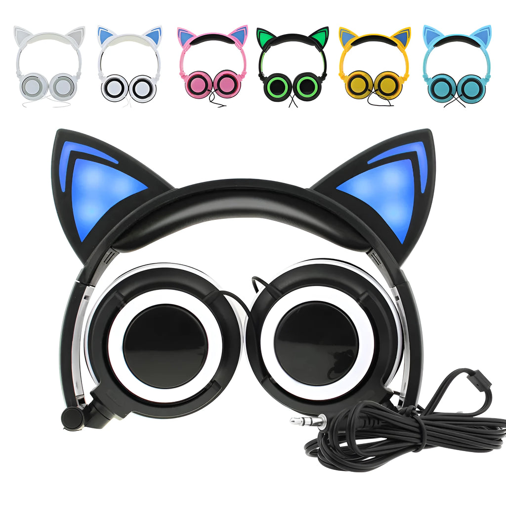 LED light up cat ear headphones in multiple colours showing illuminated ears and cushions