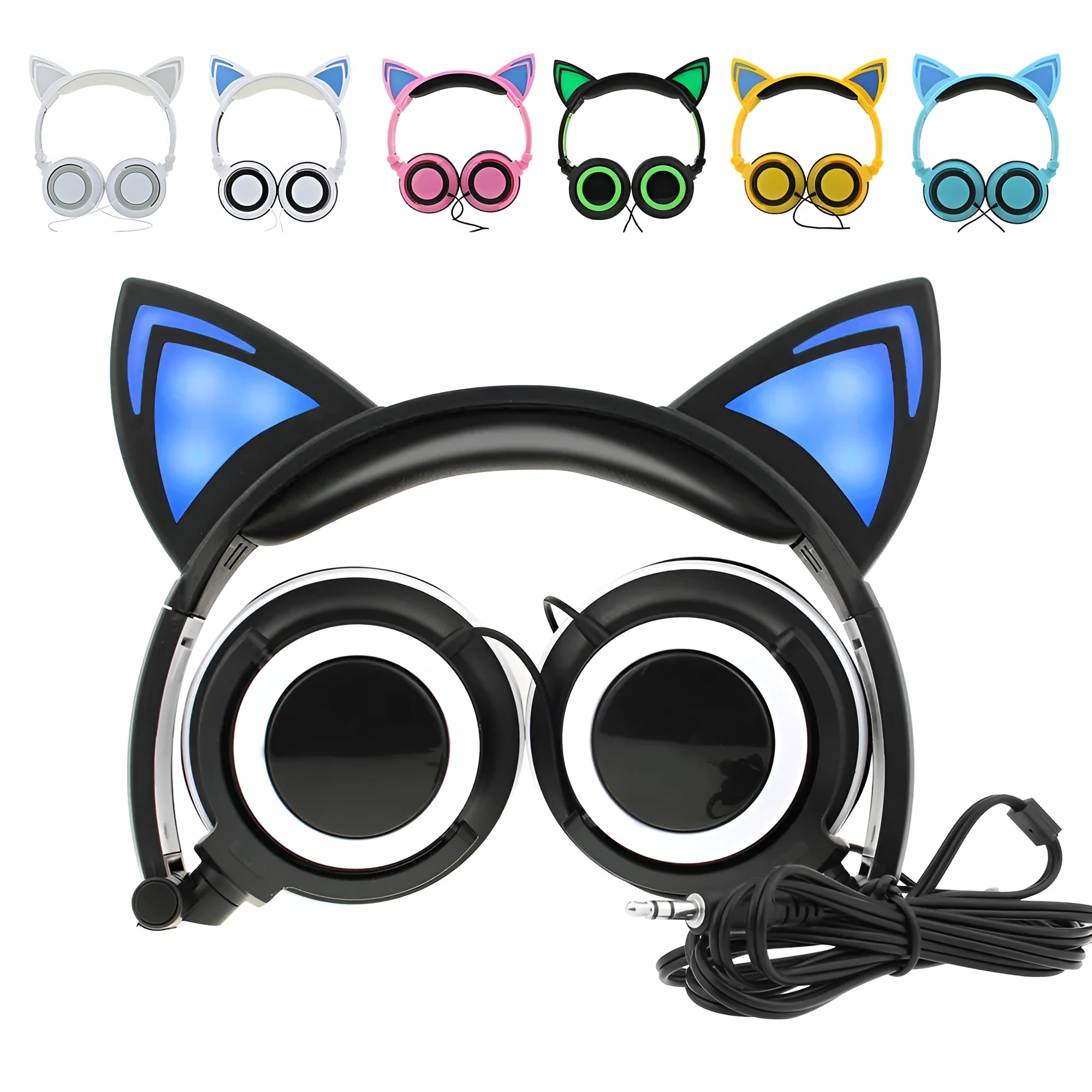 LED light up cat ear headphones in multiple colours showing illuminated ears and cushions