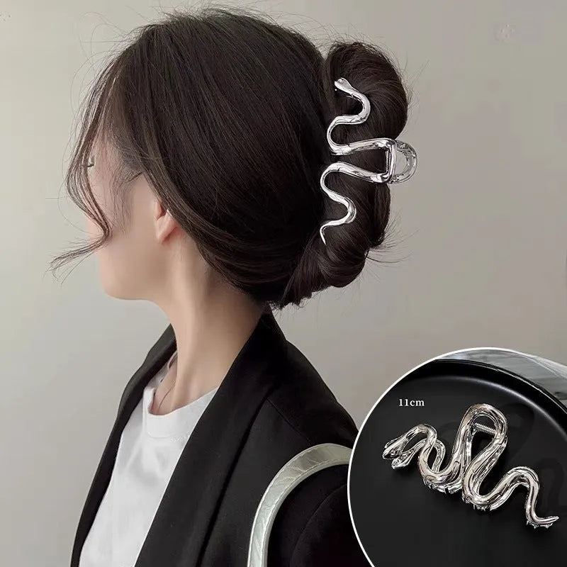 Slytherin serpentine metal barrette with electroplated silver finish, 10.5cm snake design hair clip