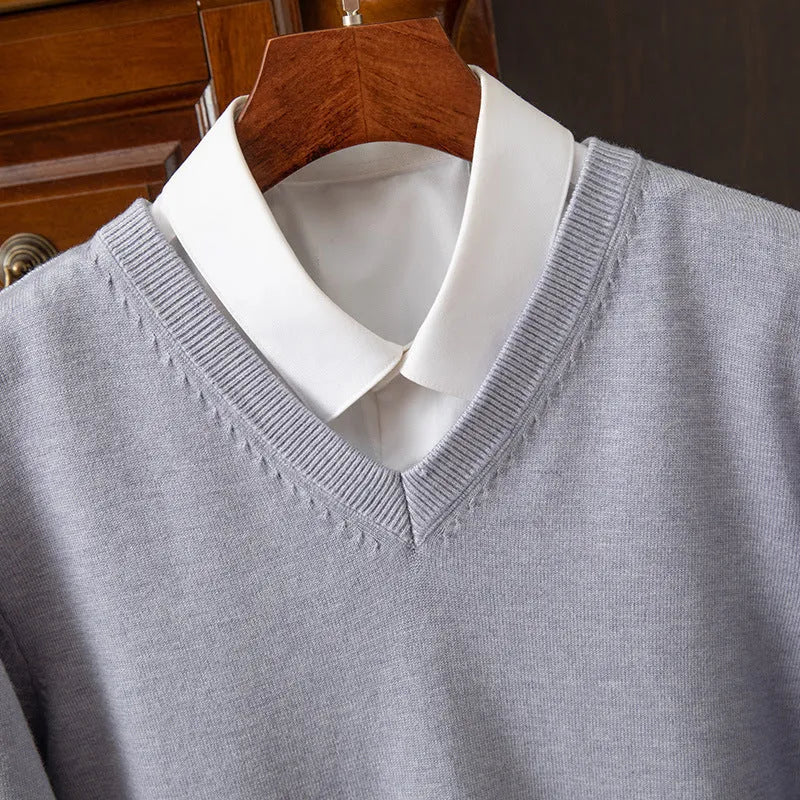 Men's V-neck knitted sweater in viscose blend, ribbed hem, available in multiple colours including grey and navy