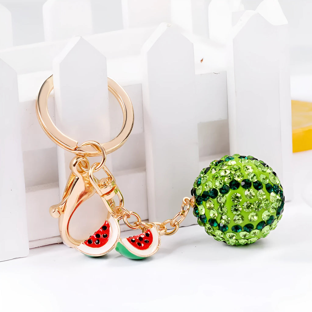 Green zinc alloy watermelon shaped keychain measuring 12cm with detailed fruit design