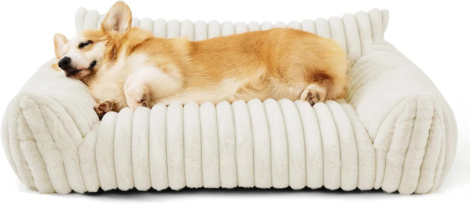 Bedsure fluffy cat couch in beige with corduroy fleece cover and three-sided support design