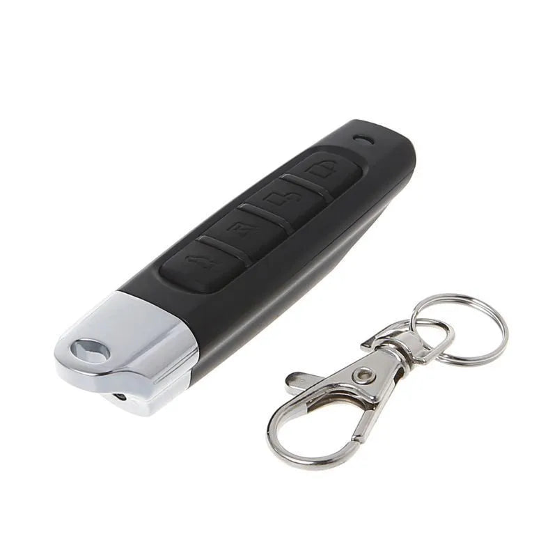Rolling door remote control device showing four colour options: black, blue, grey, and red