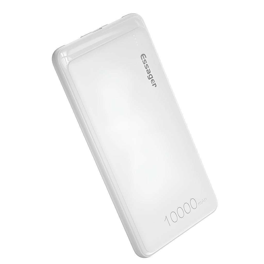 Essager black or white 10000mAh power bank showing dual USB ports and LED indicators