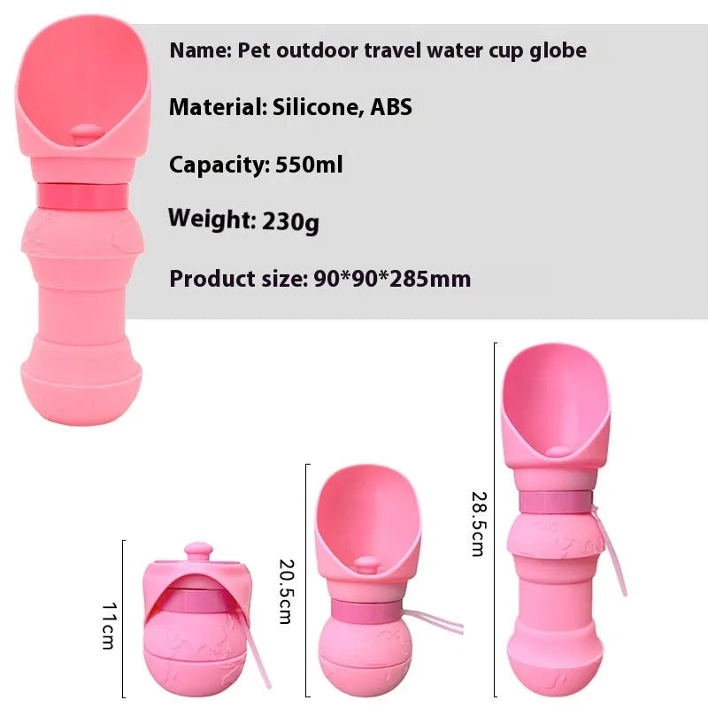Silicone pet folding water cup shown in open and collapsed states, available in colours like pink, black, and mint green.