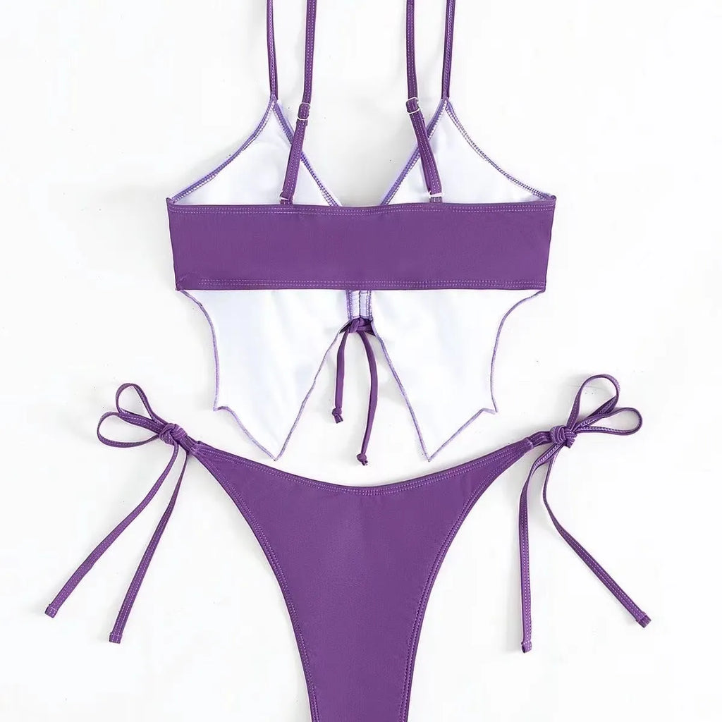 Women's purple split bikini suit with bow detail and briefs-style bottoms