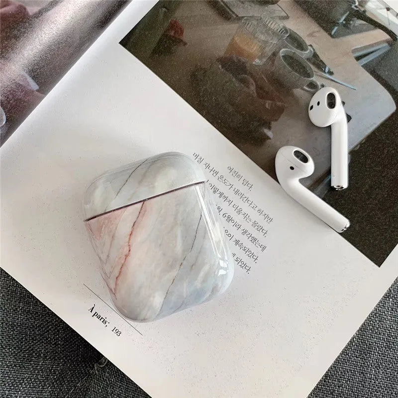 White marble patterned hard PC protective case compatible with Apple Airpods 1 and 2 charging box