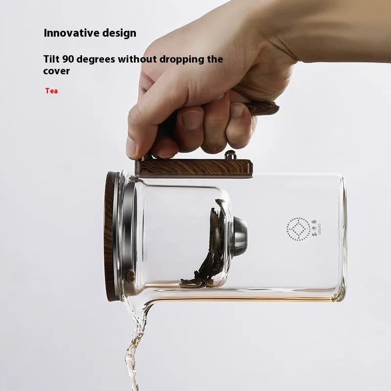 One click magnetic separation glass teapot with walnut wood handle and tea tray