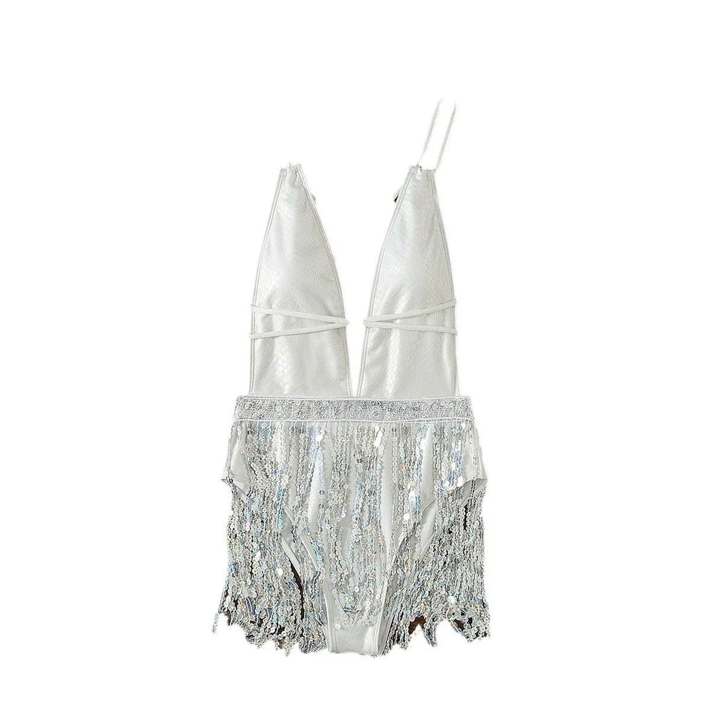 White deep V-neck one-piece swimsuit with front tassel decoration