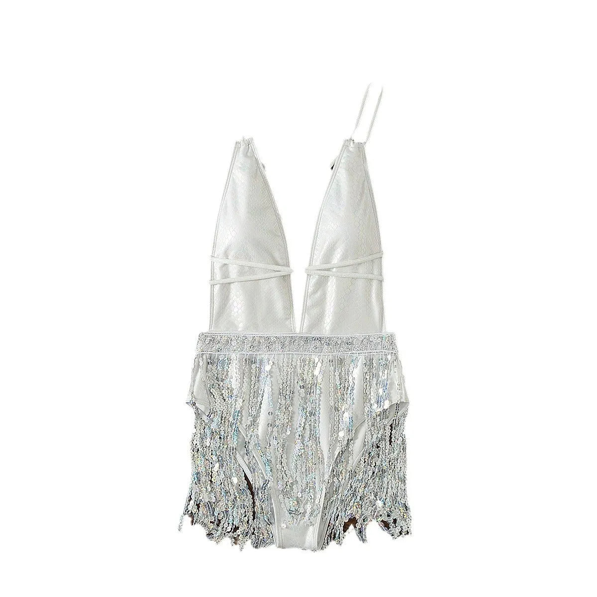 White deep V-neck one-piece swimsuit with front tassel decoration