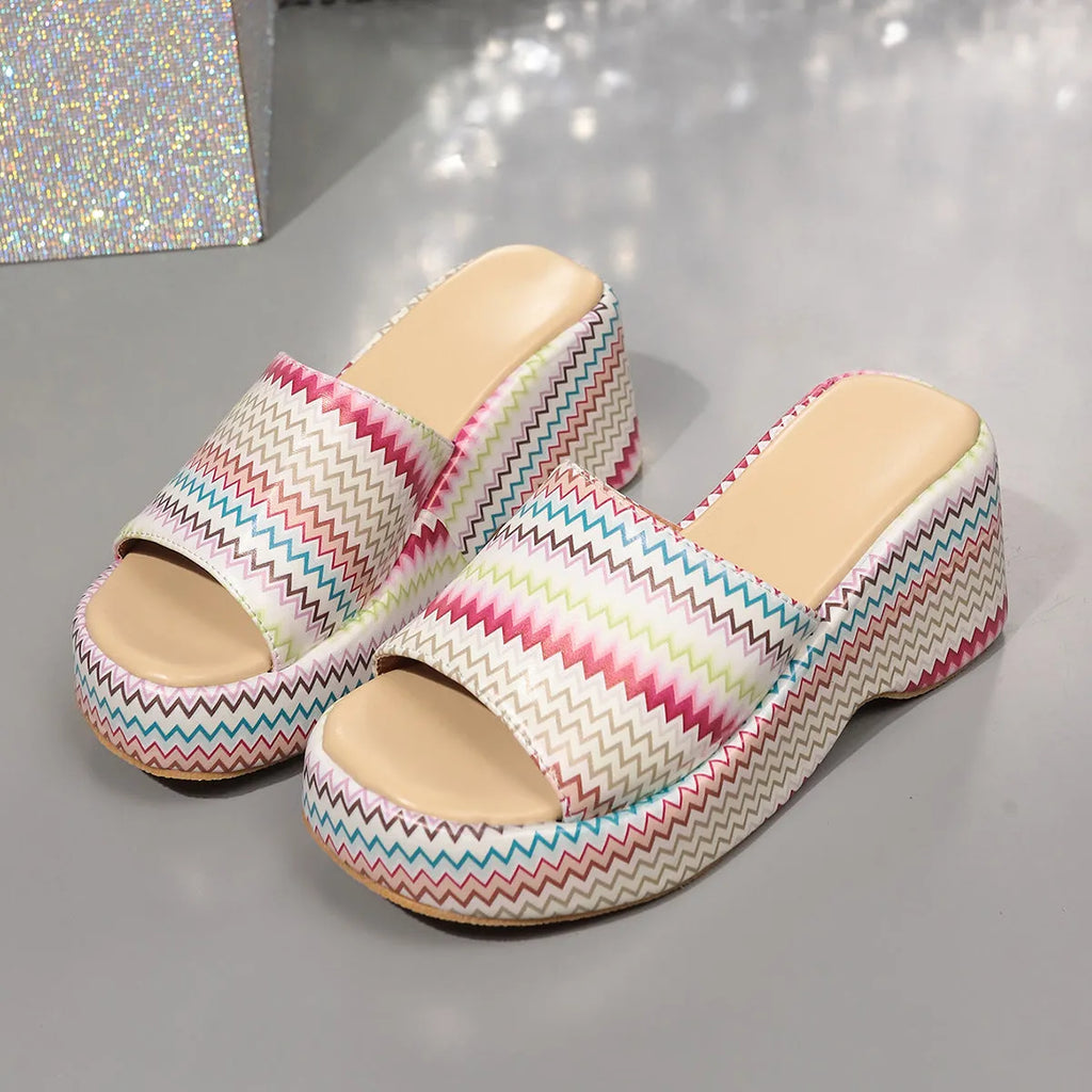 Women's wedge sandals with wave print design and fish mouth toe in beige, blue, and pink colours