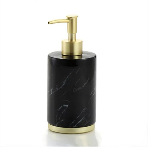 Ceramic bathroom set with emulsion bottle, cup, toothbrush holder, and soap dish in Phnom Penh Ink and Black bright glaze finish