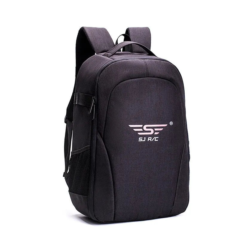 Black Oxford cloth drone backpack with camera and laptop compartments for equipment transport