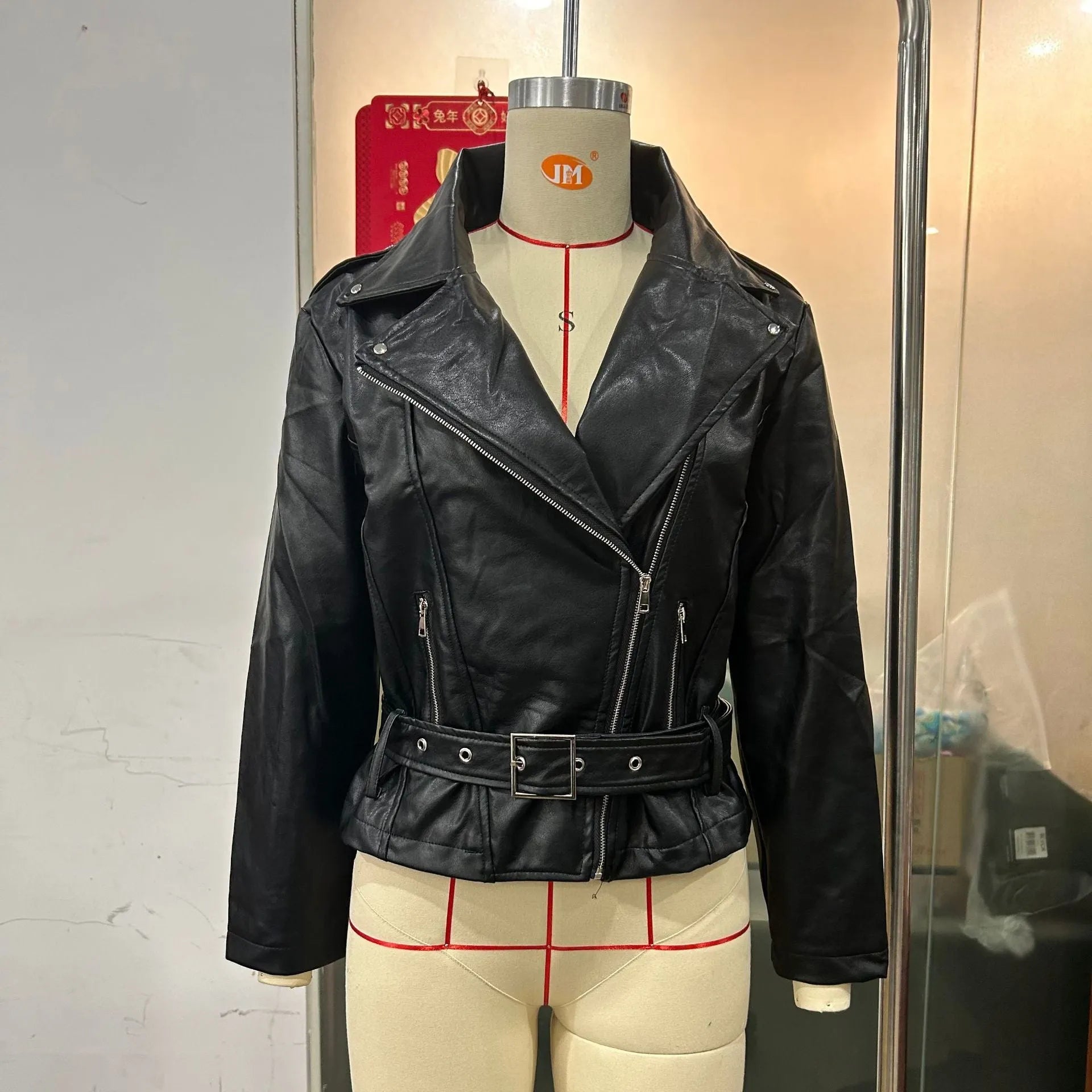 Punk short belt lapel locomotive style jacket in polyester fibre with Peter Pan collar