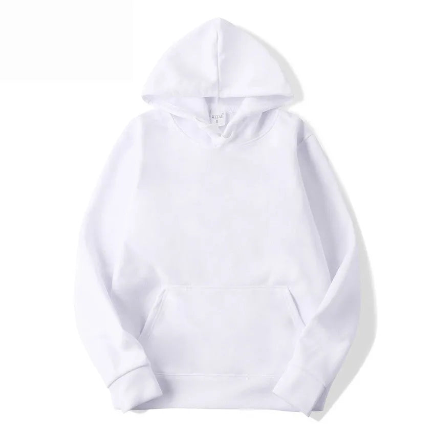 White cotton blend hoodie with pullover design, long sleeves, and hood for men's and women's casual wear